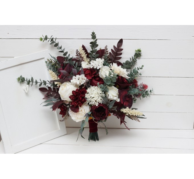 Burgundy and Ivory Wedding Bouquets – Bridal & Bridesmaid Faux Cascading Bouquets