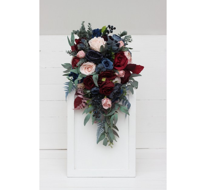 Wedding Bouquets in Burgundy, Navy Blue & Blush Pink | Cascading Bridal & Bridesmaid Faux Bouquets
