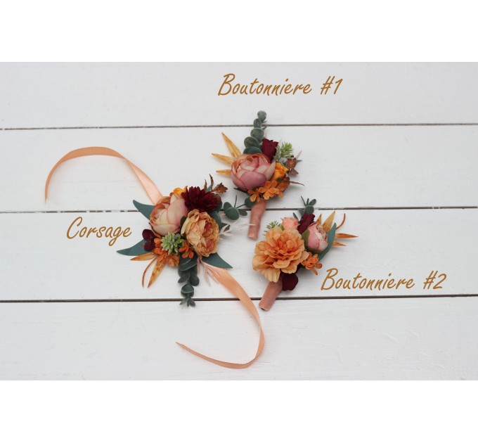 Wedding Boutonnieres & Wrist Corsage in Coral, Burgundy & Peach | Faux Flower Accessories
