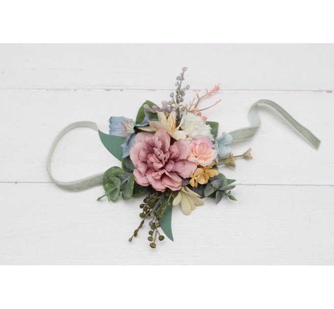 Wildflowers Wedding Boutonnieres & Wrist Corsage in Pink, Yellow & Dusty Blue | Faux Flower Accessories