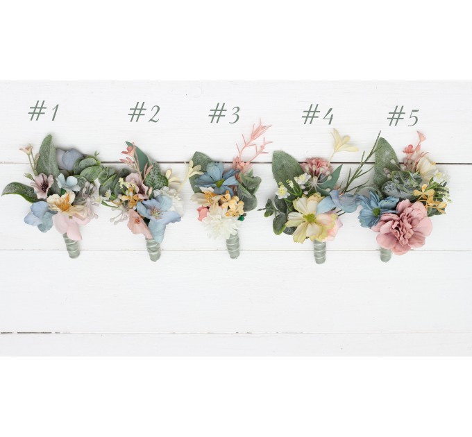 Wildflowers Wedding Boutonnieres & Wrist Corsage in Pink, Yellow & Dusty Blue | Faux Flower Accessories