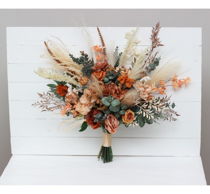 Wedding Bouquets in Cinnamon, Rust & Orange | Pampas Grass Faux Bridal & Bridesmaid Bouquets
