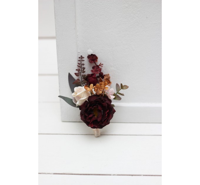 Wedding Boutonnieres & Wrist Corsage in Cinnamon, Burgundy, Blush Pink & Rust | Faux Flower Accessories