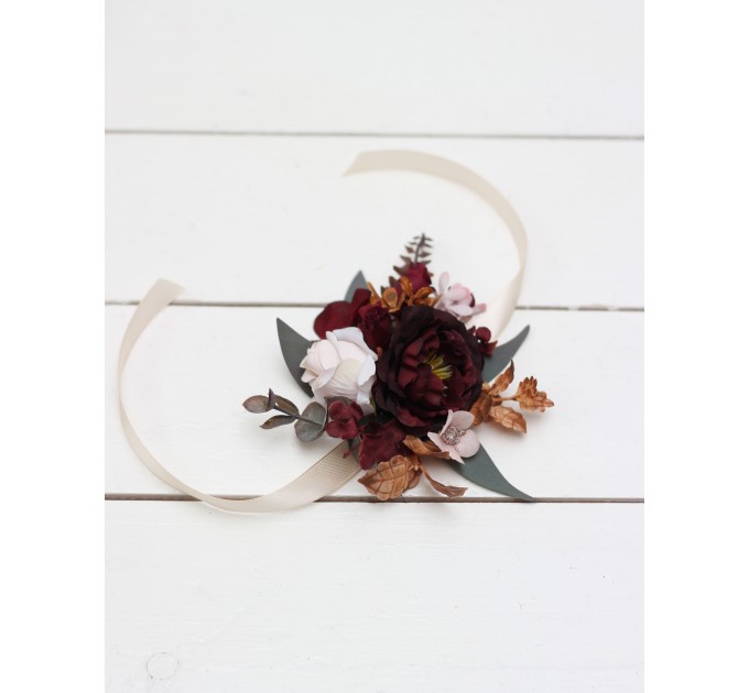 Wedding Boutonnieres & Wrist Corsage in Cinnamon, Burgundy, Blush Pink & Rust | Faux Flower Accessories