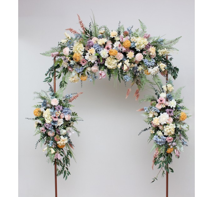 Wildflowers Flower Arch Arrangement in Pink, Yellow & Dusty Blue | Faux Floral Archway for Wedding