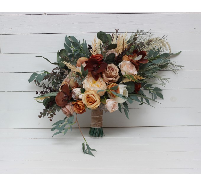 Wedding Bouquets in Rust, Brown & Ivory | Boho Cascading Bridal & Bridesmaid Faux Bouquets