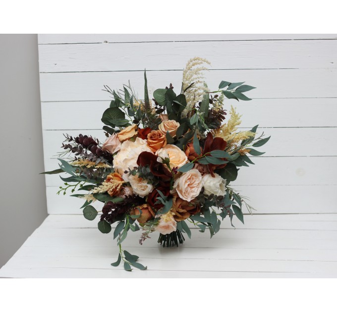 Wedding Bouquets in Rust, Brown & Ivory | Boho Cascading Bridal & Bridesmaid Faux Bouquets