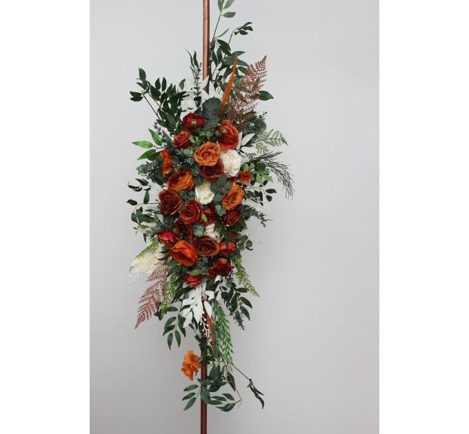 Flower Arch Arrangement in Burnt Orange, Ivory, Rust & Emerald Green | Faux Floral Archway for Wedding