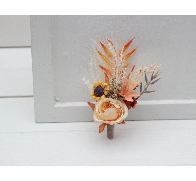 Wedding Boutonnieres & Wrist Corsage in Orange, Rust & Beige | Faux Flower Accessories