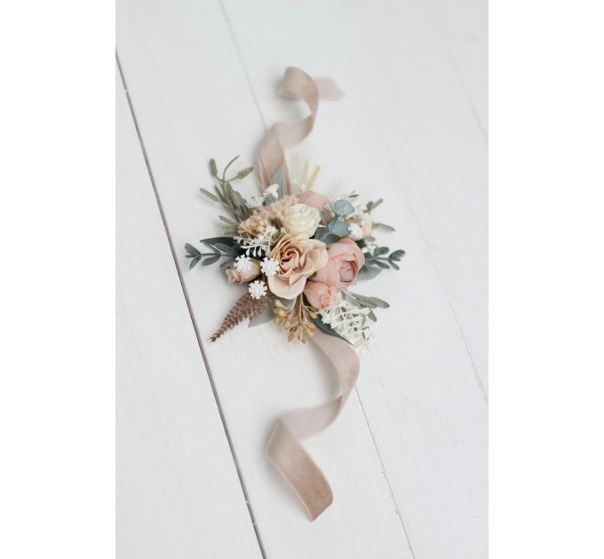 Wedding Boutonnieres & Wrist Corsage in Blush Pink, Beige & Cream | Faux Flower Accessories