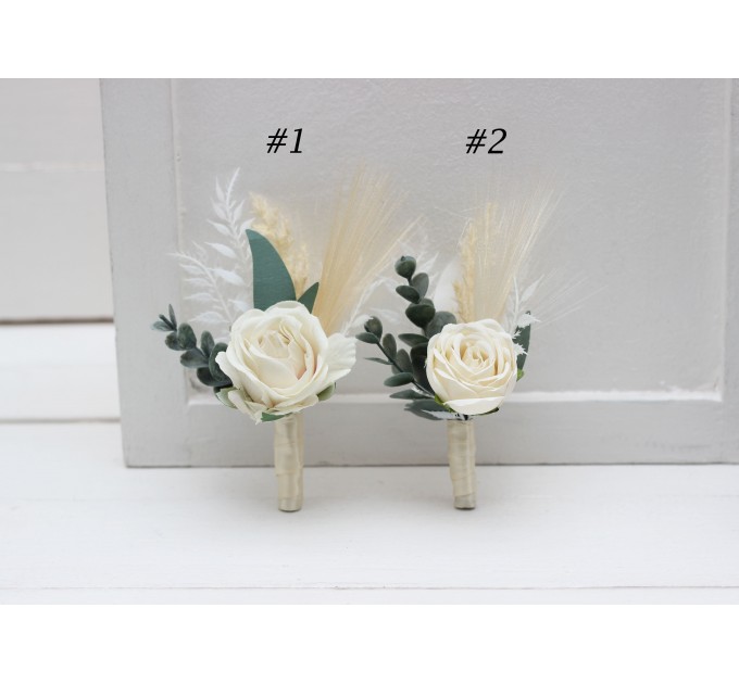 Wedding Boutonnieres & Wrist Corsage in Ivory & Cream | Faux Flower Accessories
