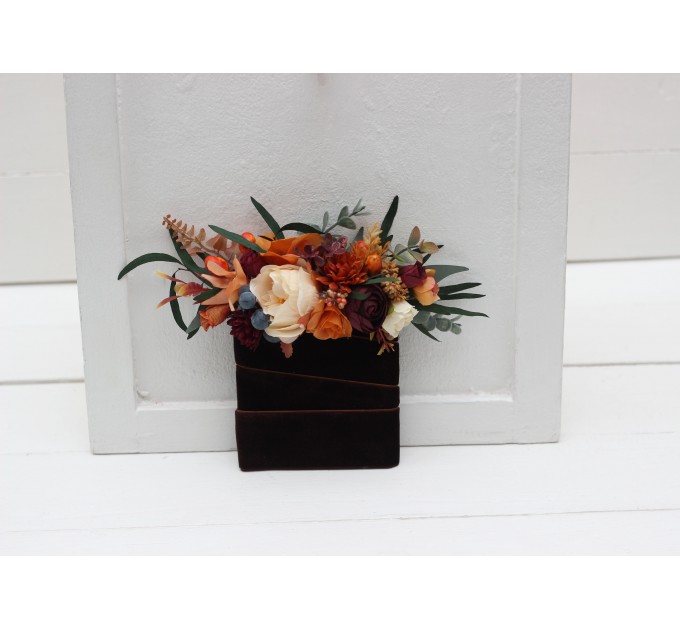 Wedding Boutonnieres & Wrist Corsage in Rust, Burgundy & Ivory | Faux Flower Accessories