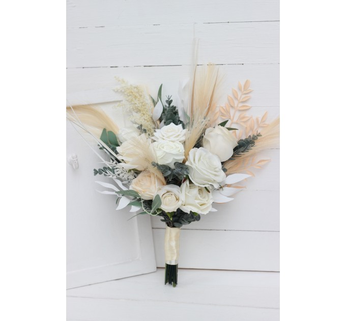 Boho Pampas Grass Bridal Bouquet | Ivory & Cream Faux Wedding Flowers