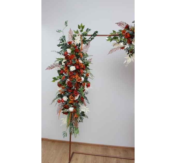 Flower Arch Arrangement in Burnt Orange, Ivory, Rust & Emerald Green | Faux Floral Archway for Wedding