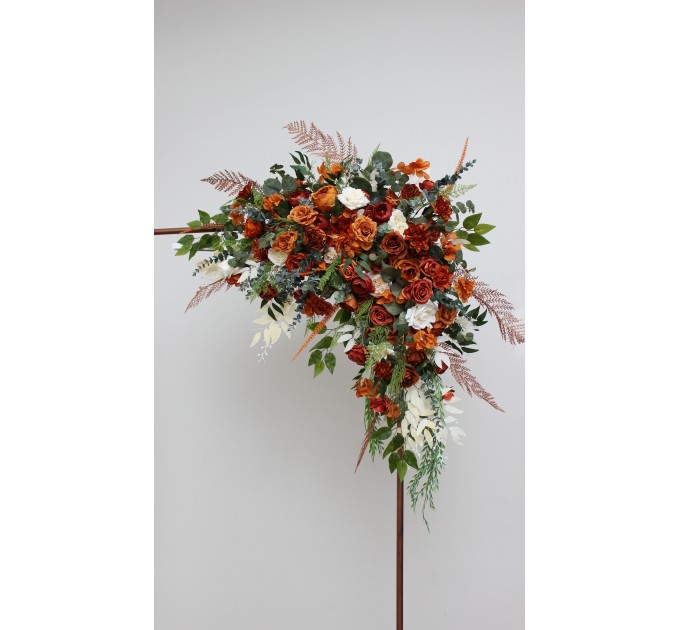 Flower Arch Arrangement in Burnt Orange, Ivory, Rust & Emerald Green | Faux Floral Archway for Wedding