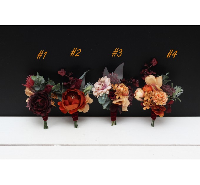 Wedding Boutonnieres & Wrist Corsage in Burgundy, Burnt Orange, Rust & Peach | Faux Flower Accessories