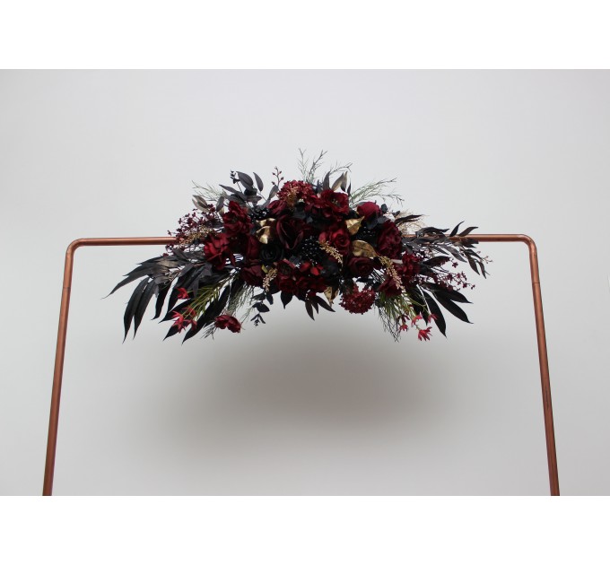 Flower Arch Arrangement in Burgundy, Black, Gold & Beige | Faux Floral Archway for Halloween Wedding