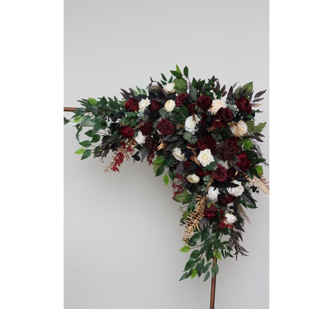 Flower Arch Arrangement in Burgundy, Black, Gold & Ivory | Faux Floral Archway for Wedding