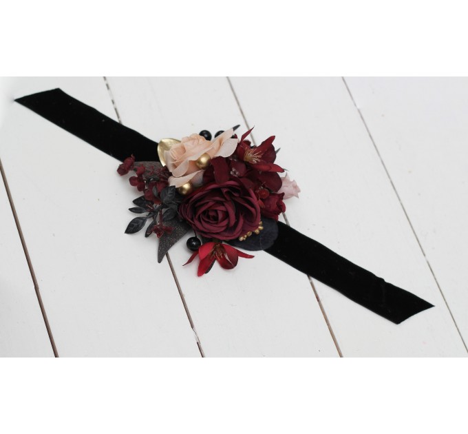 Wedding Boutonnieres & Wrist Corsage in Halloween Color Theme | Burgundy, Black, Gold & Beige Accessories