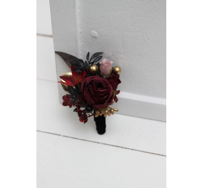 Wedding Boutonnieres & Wrist Corsage in Halloween Color Theme | Burgundy, Black, Gold & Beige Accessories