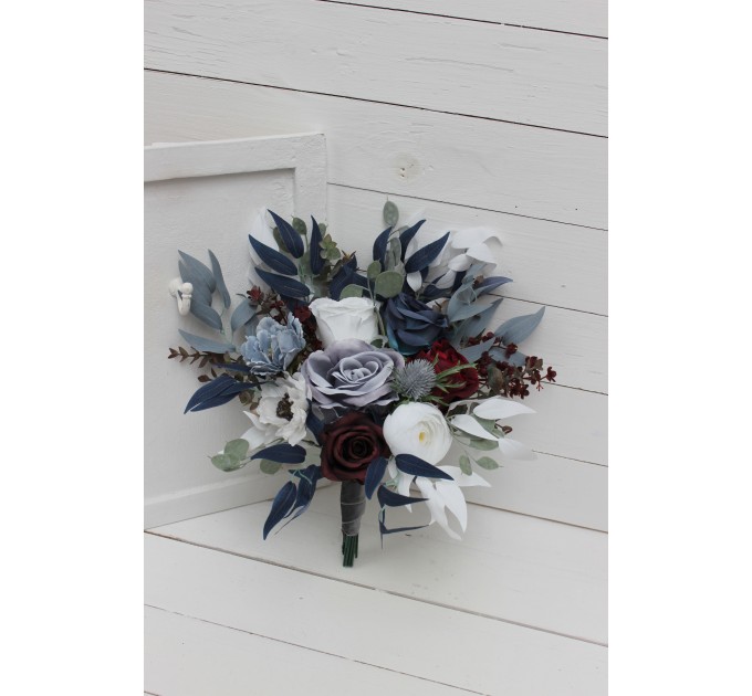 Wedding Bouquets in Dusty Blue, Navy Blue, Burgundy & White | Cascading Bridal & Bridesmaid Faux Bouquets
