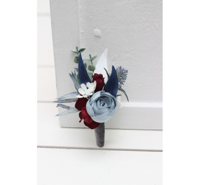  Wedding boutonnieres and wrist corsage  in dusty blue navy blue burgundy white color scheme. Flower accessories. 5063