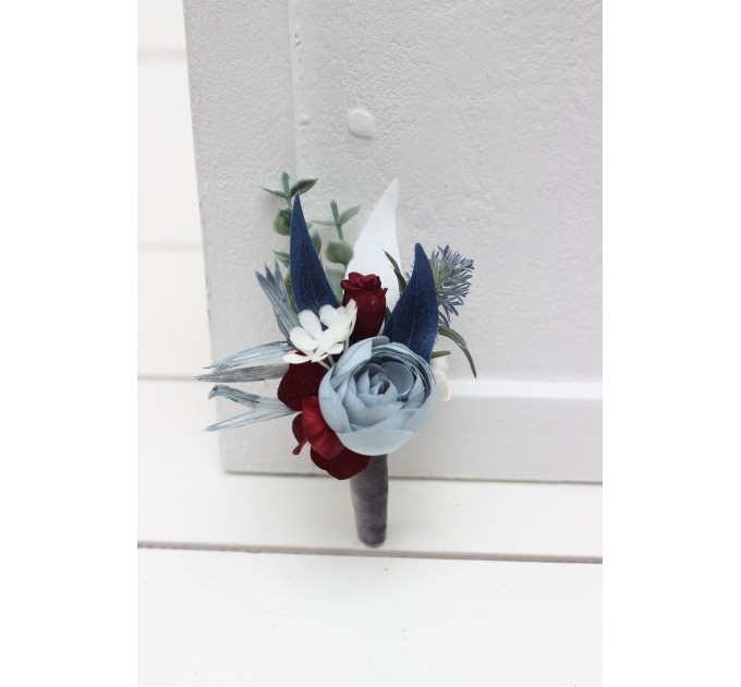 Wedding Boutonnieres & Wrist Corsage in Dusty Blue, Navy Blue, Burgundy & White | Faux Flower Accessories