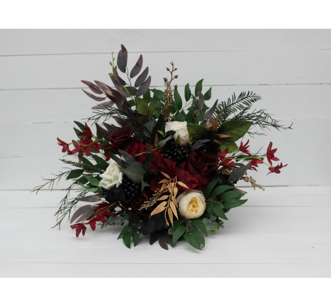 Flower Arch Arrangement in Burgundy, Black, Gold & Ivory | Faux Floral Archway for Wedding