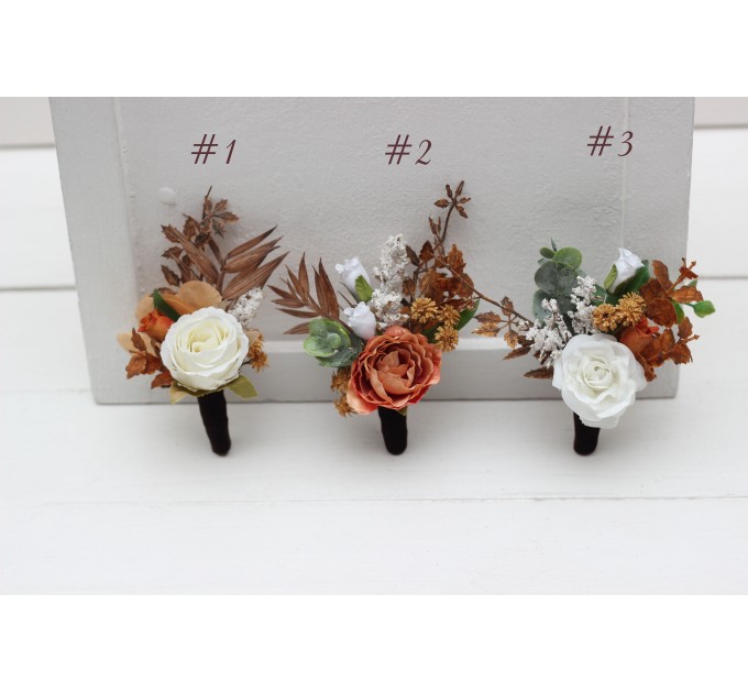  Wedding boutonnieres and wrist corsage  in white rust terracotta  color scheme. Flower accessories. 5129