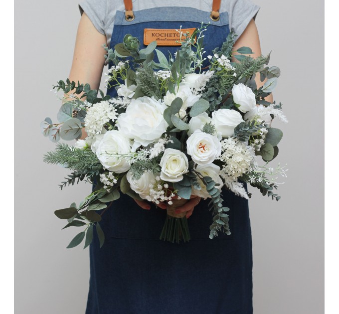 Wedding Bouquets in White | Cascading Bridal & Bridesmaid Faux Bouquets with Roses & Peonies