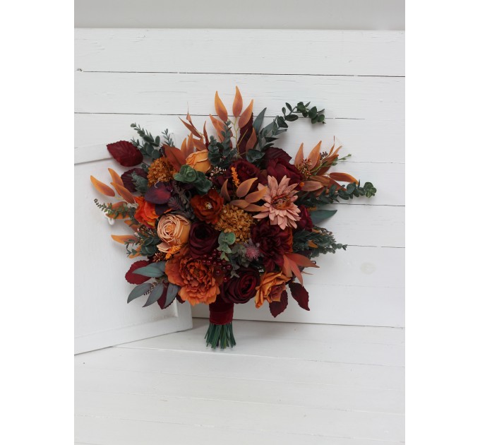 Wedding Bouquets in Rust, Burgundy, Cinnamon & Orange | Cascading Bridal & Bridesmaid Bouquets
