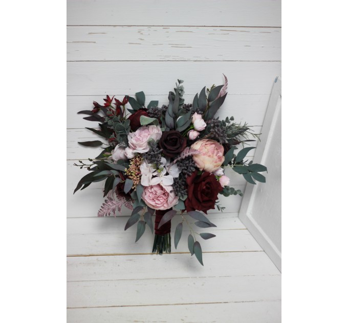 Wedding bouquets in burgundy dusty pink colors. Bridal bouquet. Cascading bouquet. Faux bouquet. Bridesmaid bouquet. 5019