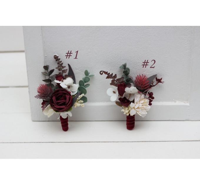 Wedding Boutonnieres & Wrist Corsage in Burgundy & Ivory | Faux Flower Accessories