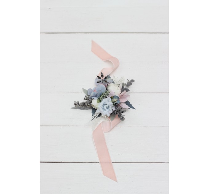 Wedding Boutonnieres & Wrist Corsage in Dusty Blue, Blush Pink & White | Faux Flower Accessories