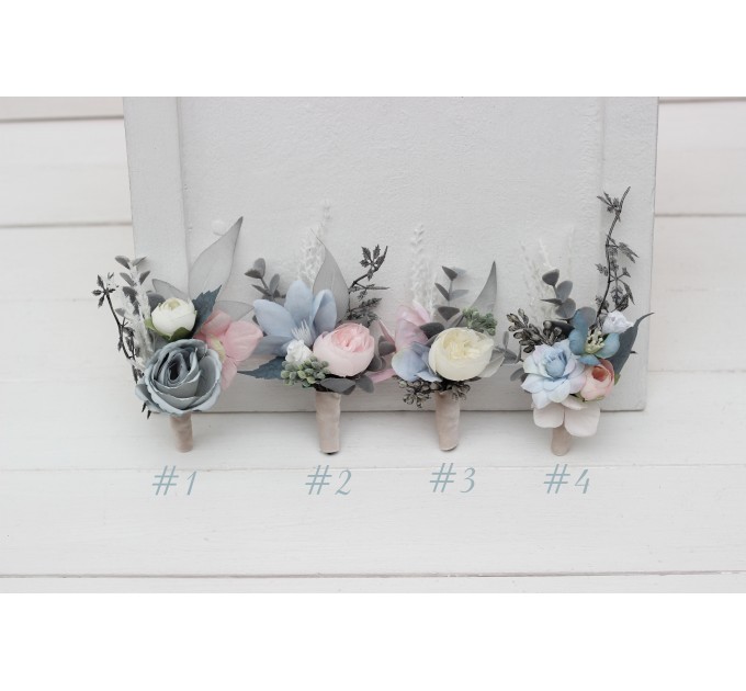 Wedding Boutonnieres & Wrist Corsage in Dusty Blue, Blush Pink & White | Faux Flower Accessories