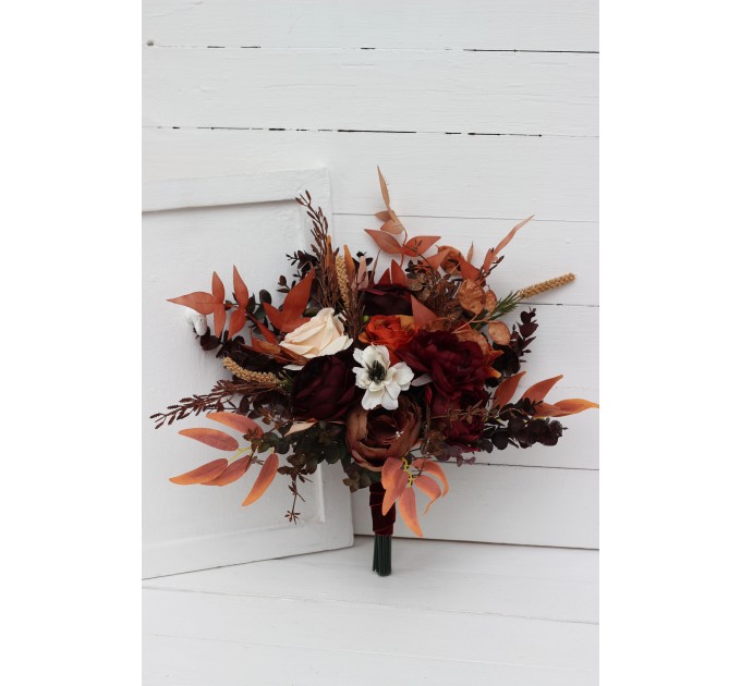 Wedding Bouquets in Rust, Burgundy & White | Faux Bridal & Bridesmaid Bouquets