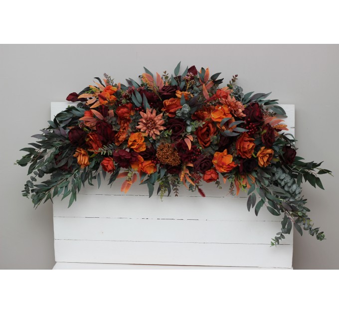 Flower Arch Arrangement in Rust, Burgundy, Cinnamon & Orange | Faux Floral Archway for Wedding
