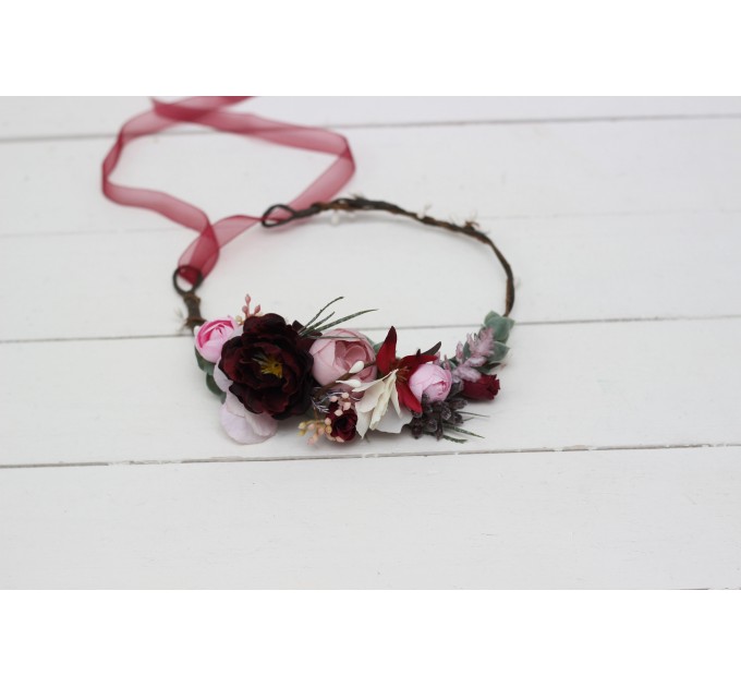 Burgundy dusty pink flower crown. Hair wreath. Flower girl crown. Wedding flowers. 5019