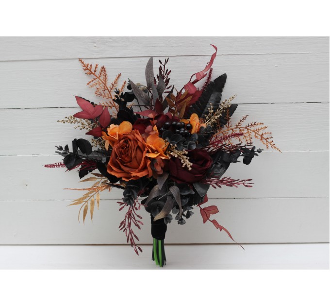 Burgundy, Black, Rust, and Gold Wedding Bouquets – Elegant Faux Bridal Bouquets