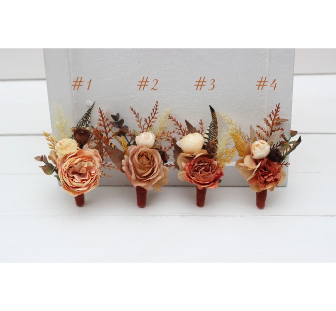 Wedding Boutonnieres & Wrist Corsage in Cinnamon, Terracotta & Ivory | Faux Flower Accessories