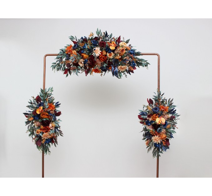 Flower Arch Arrangement in Rust, Orange, Burgundy & Navy Blue | Faux Floral Archway for Wedding