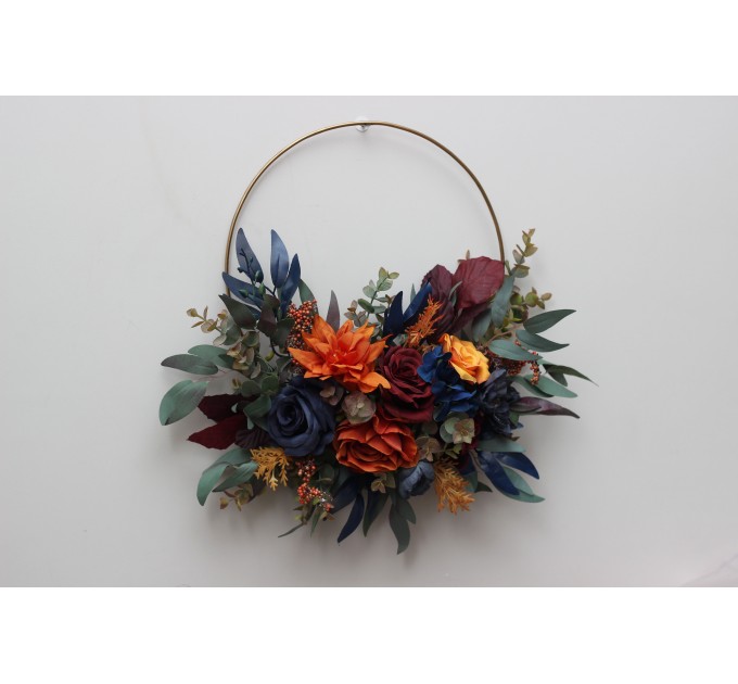 Flower hoop rust orange burgundy navy blue colors. Alternative bridesmaid bouquet. 0043
