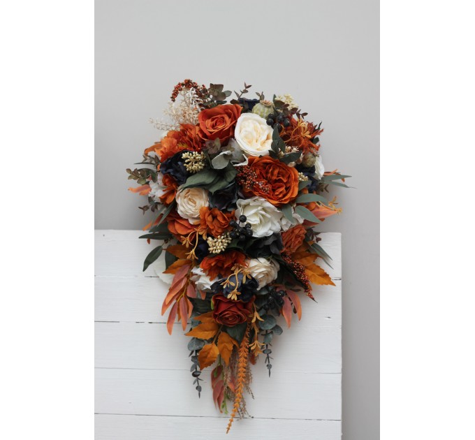 Wedding Bouquets in Burnt Orange, Ivory & Navy Blue | Cascading Bridal & Bridesmaid Faux Bouquets