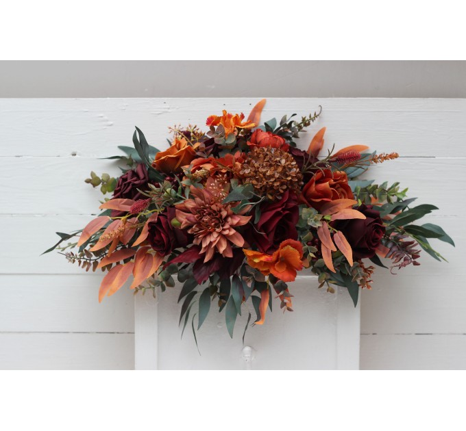 Flower Arch Arrangement in Rust, Burgundy, Cinnamon & Orange | Faux Floral Archway for Wedding