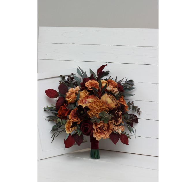 Wedding Bouquets in Rust, Burgundy & Cinnamon | Cascading Bridal & Bridesmaid Faux Bouquets