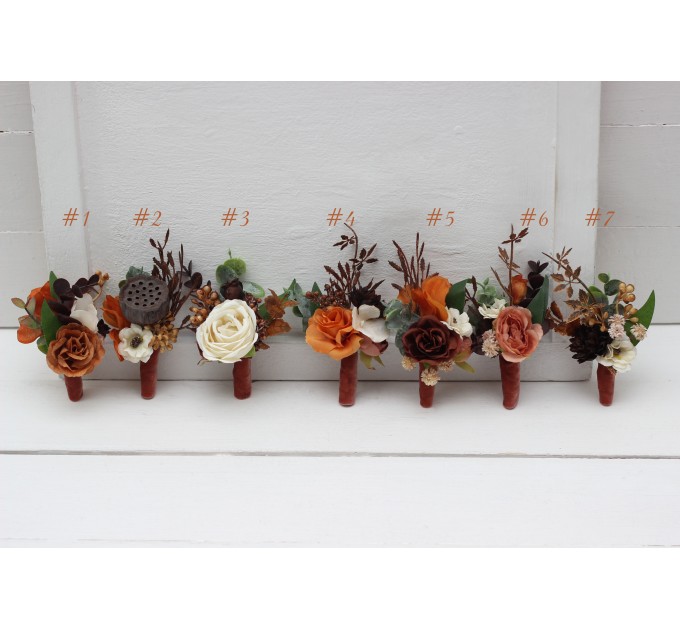 Wedding Boutonnieres & Wrist Corsage in Terracotta, Cinnamon, Rust & Ivory | Faux Flower Accessories