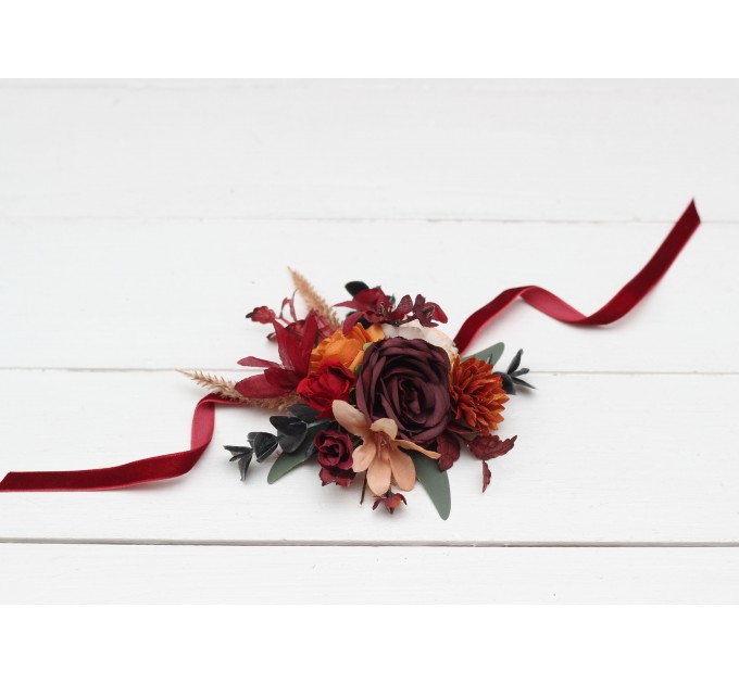 Wedding Boutonnieres & Wrist Corsage in Burnt Orange, Red & Burgundy | Faux Flower Accessories
