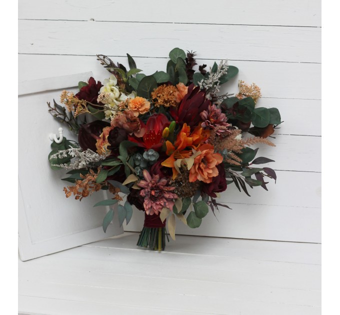 Wedding Bouquets in Burgundy & Burnt Orange | Cascading Bridal & Bridesmaid Faux Bouquets
