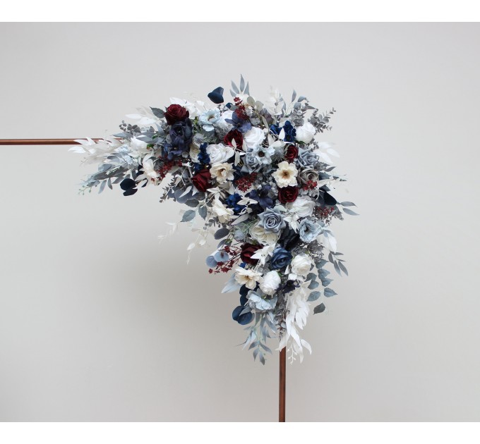 Flower Arch Arrangement in Dusty Blue, Navy Blue, Burgundy & White | Faux Floral Archway for Wedding