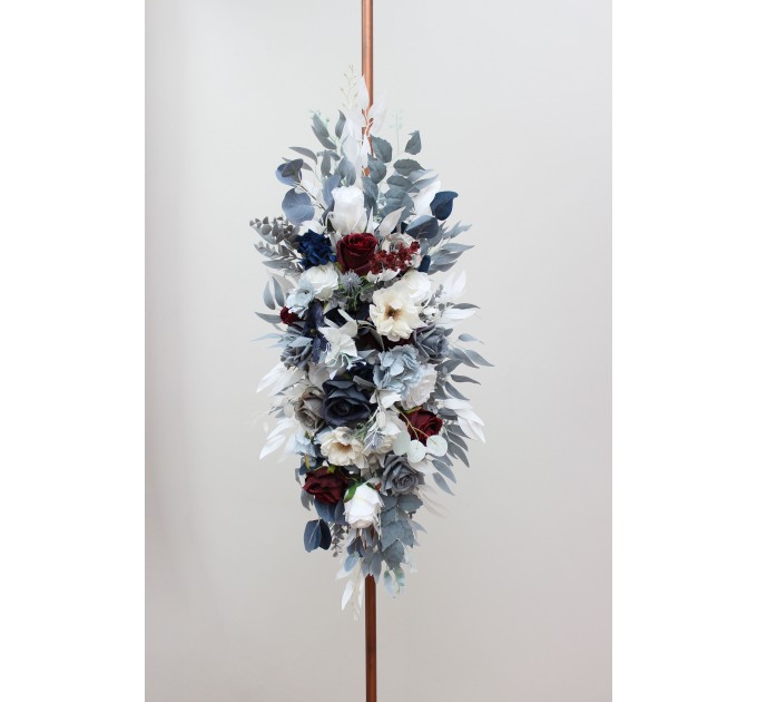 Flower Arch Arrangement in Dusty Blue, Navy Blue, Burgundy & White | Faux Floral Archway for Wedding